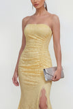 Lace Mermaid Ruched Yellow Strapless Wedding Guest Dress with Slit