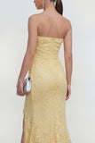 Lace Mermaid Ruched Yellow Strapless Wedding Guest Dress with Slit