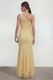 One Shoulder Yellow Mermaid Ruched Lace Wedding Guest Dress