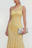 One Shoulder Yellow Mermaid Ruched Lace Wedding Guest Dress
