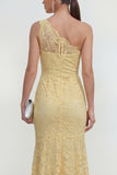 One Shoulder Yellow Mermaid Ruched Lace Wedding Guest Dress