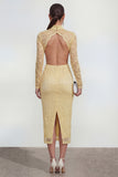 High Neck Sheath Lace Cut Out Yellow Long Sleeve Wedding Guest Dress