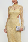 High Neck Sheath Lace Cut Out Yellow Long Sleeve Wedding Guest Dress
