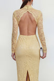 High Neck Sheath Lace Cut Out Yellow Long Sleeve Wedding Guest Dress