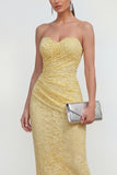 Sweetheart Lace Ruched Sheath Yellow Wedding Guest Dress
