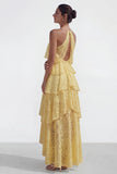 Yellow Halter Lace Tiered Ruffled A Line Corset High-Low Wedding Guest Dress