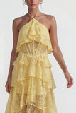 Yellow Halter Lace Tiered Ruffled A Line Corset High-Low Wedding Guest Dress