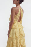 Yellow Halter Lace Tiered Ruffled A Line Corset High-Low Wedding Guest Dress