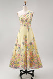 A Line Yellow One Shoulder Floral Wedding Guest Dress