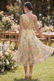 A Line Yellow One Shoulder Floral Wedding Guest Dress