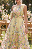 A Line Yellow One Shoulder Floral Wedding Guest Dress