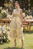High Neck Yellow Ruffled Floral Midi Wedding Guest Dress