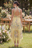 High Neck Yellow Ruffled Floral Midi Wedding Guest Dress