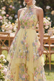 High Neck Yellow Ruffled Floral Midi Wedding Guest Dress