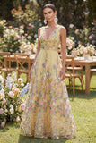 A Line Floral Yellow V-Neck Wedding Guest Dress