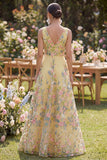 A Line Floral Yellow V-Neck Wedding Guest Dress