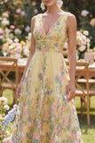 A Line Floral Yellow V-Neck Wedding Guest Dress