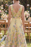 A Line Floral Yellow V-Neck Wedding Guest Dress