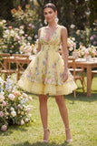 Yellow Tiered V-Neck Floral Mini Wedding Guest Dress