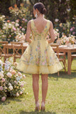 Yellow Tiered V-Neck Floral Mini Wedding Guest Dress