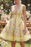 Yellow Tiered V-Neck Floral Mini Wedding Guest Dress