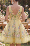 Yellow Tiered V-Neck Floral Mini Wedding Guest Dress