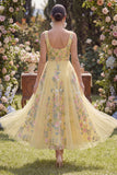 Floral Square Neck Yellow Tulle Wedding Guest Dress