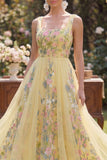Floral Square Neck Yellow Tulle Wedding Guest Dress