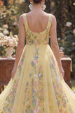 Floral Square Neck Yellow Tulle Wedding Guest Dress