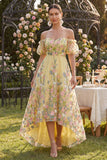 Off the Shoulder Yellow Floral Wedding Guest Dress with Puff Sleeves
