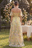Off the Shoulder Yellow Floral Wedding Guest Dress with Puff Sleeves