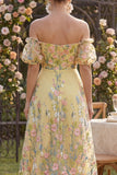 Off the Shoulder Yellow Floral Wedding Guest Dress with Puff Sleeves