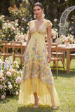 Yellow Tiered Floral V-Neck Wedding Guest Dress with Cap Sleeves