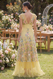 Yellow Tiered Floral V-Neck Wedding Guest Dress with Cap Sleeves