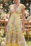 Yellow Tiered Floral V-Neck Wedding Guest Dress with Cap Sleeves