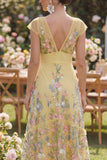 Yellow Tiered Floral V-Neck Wedding Guest Dress with Cap Sleeves