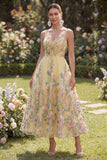 A Line Spaghetti Straps Yellow Floral Long Wedding Guest Dress