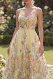 A Line Spaghetti Straps Yellow Floral Long Wedding Guest Dress