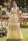 Floral Yellow Tiered V-Neck Wedding Guest Dress
