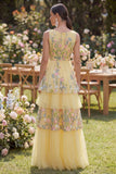 Floral Yellow Tiered V-Neck Wedding Guest Dress
