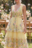 Floral Yellow Tiered V-Neck Wedding Guest Dress