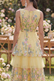 Floral Yellow Tiered V-Neck Wedding Guest Dress