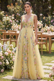 A Line Floral Tulle V-Neck Yellow Wedding Guest Dress