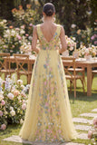 A Line Floral Tulle V-Neck Yellow Wedding Guest Dress