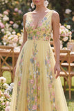 A Line Floral Tulle V-Neck Yellow Wedding Guest Dress
