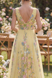 A Line Floral Tulle V-Neck Yellow Wedding Guest Dress
