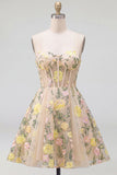 Floral Champagne A Line Spaghetti Straps Corset Mini Dress