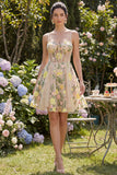 Floral Champagne A Line Spaghetti Straps Corset Midi Wedding Guest Dress