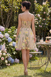 Floral Champagne A Line Spaghetti Straps Corset Midi Wedding Guest Dress