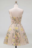 Floral Champagne A Line Spaghetti Straps Corset Mini Dress